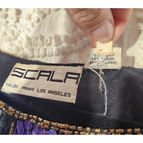 Vintage Scala Womens All Over Sequin Silk Top Size Small Black Colorblock Retro - Picture 6 of 10